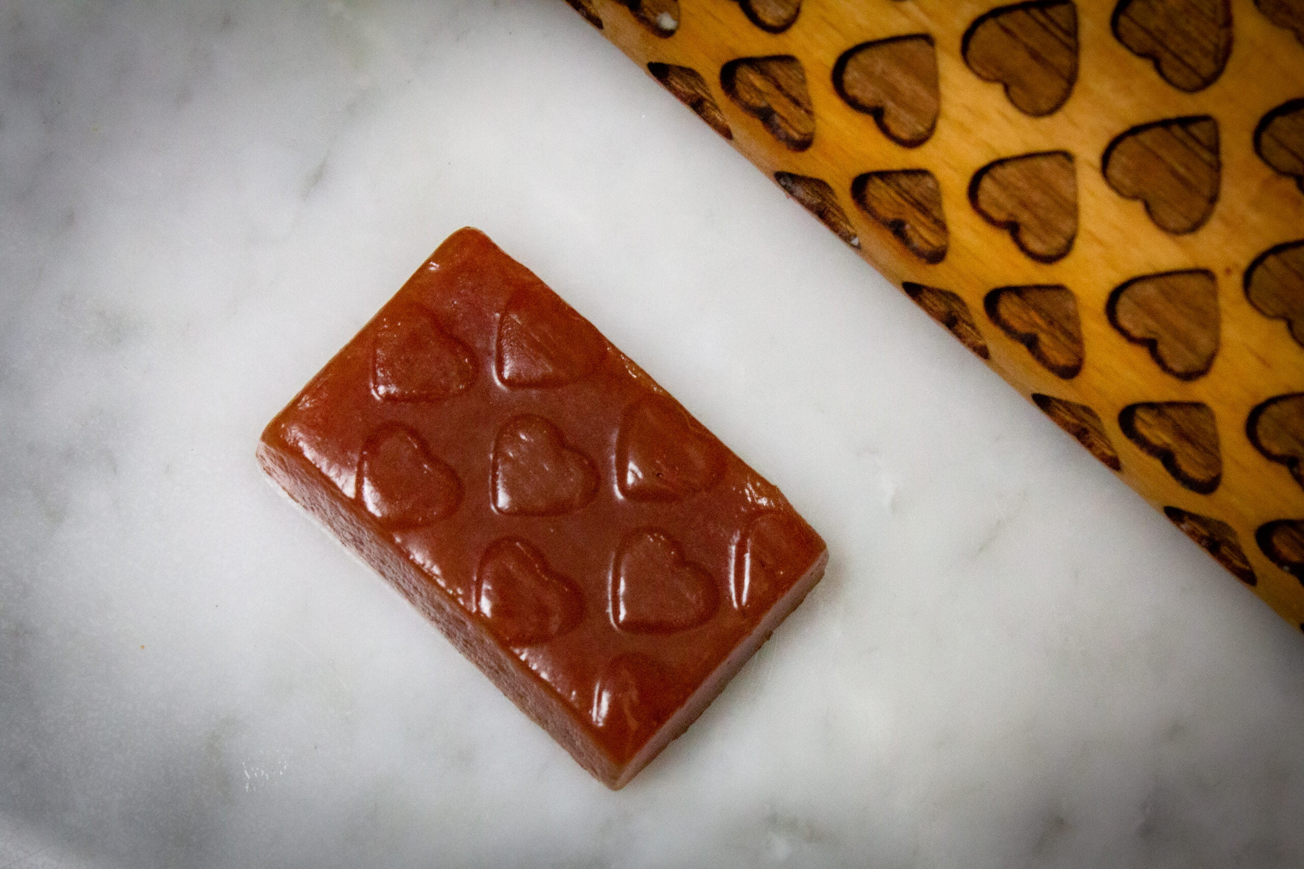 raspberry caramel with romantic pattern hearts